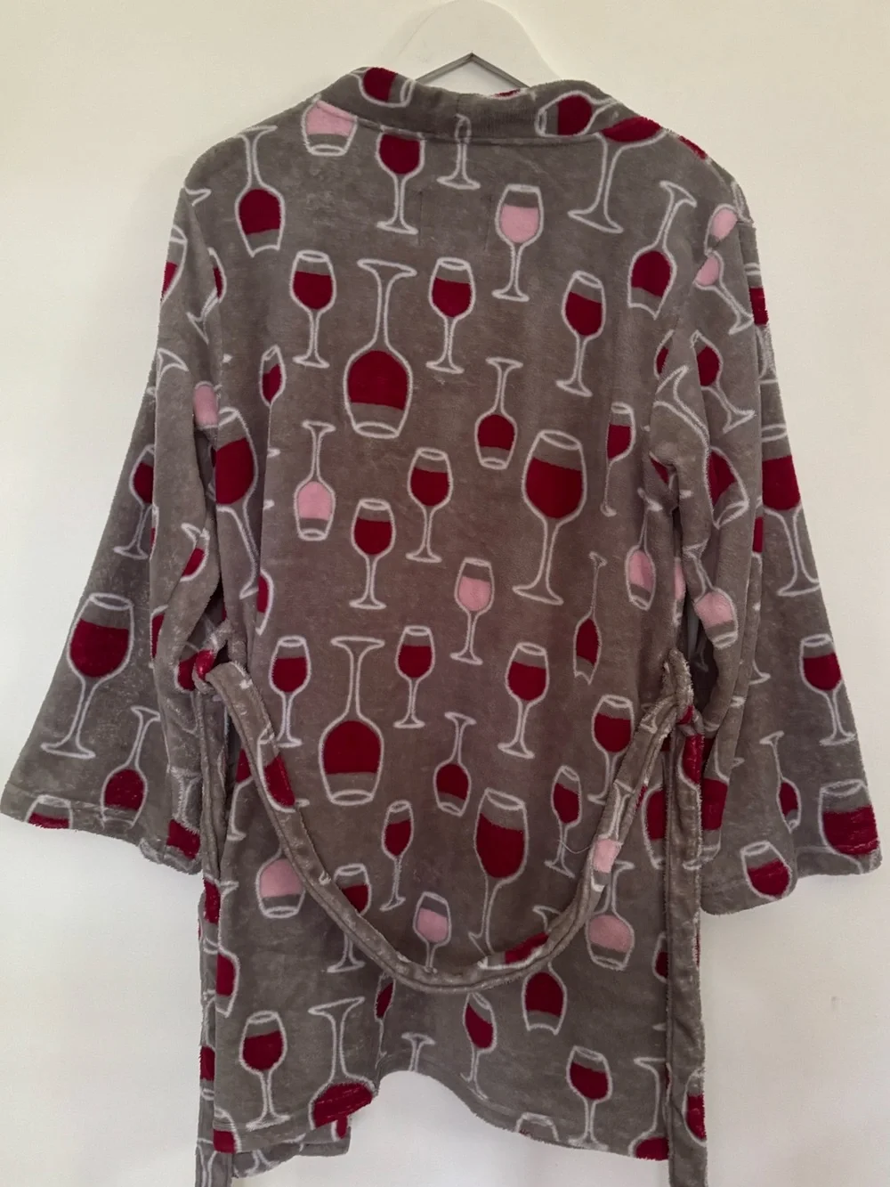 Super cozy and cute PJ Couture women's plush Wine Glasses Robe gray, red & pink